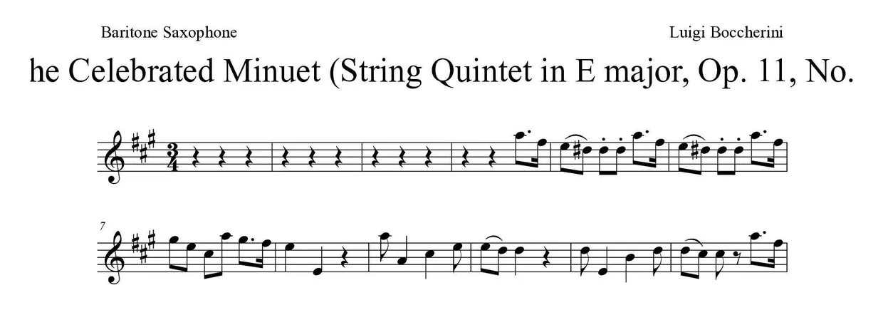 Partitura de The Celebrated Minuet (String Quintet in E major, Op. 11, No. 5) para saxofone barítono, primeiras linhas