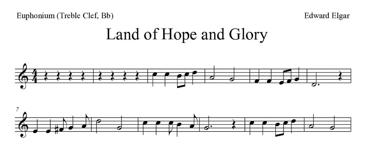 《Land of Hope and Glory》上低音号（高音谱号，降B调）乐谱前几行