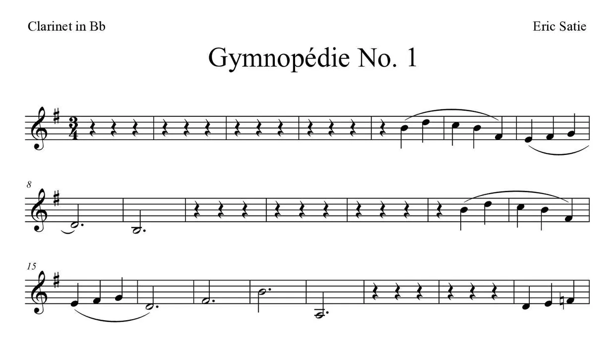 Bladmuziek van Gymnopédie No. 1 voor clarinet, eerste regels