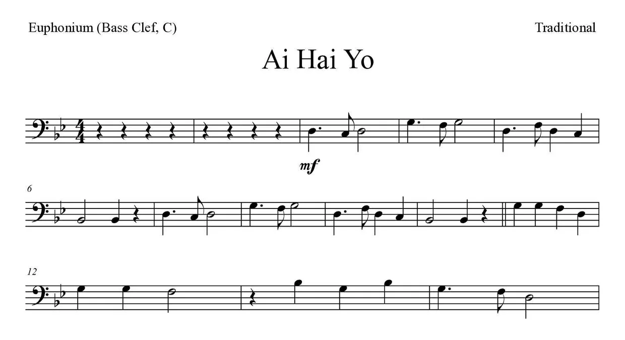 Spartito di Ai Hai Yo per euphonium (bass clef, C), prime righe