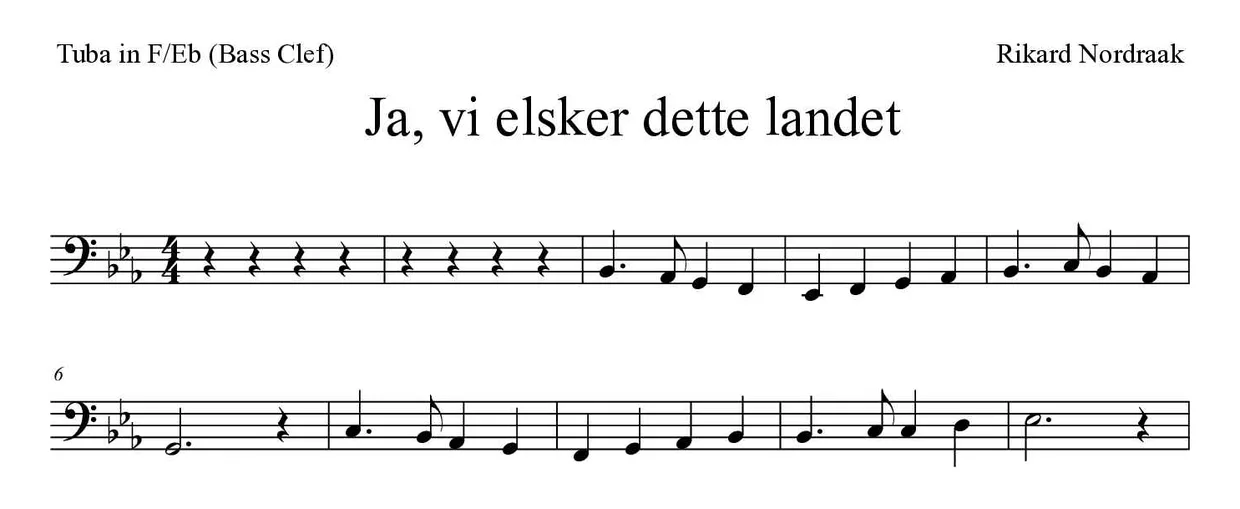 Bladmuziek van Ja, vi elsker dette landet voor tuba in F/Eb (bass clef), eerste regels