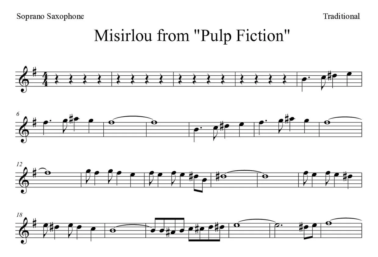 Partition de Misirlou from "Pulp Fiction" pour saxophone soprano, premières lignes