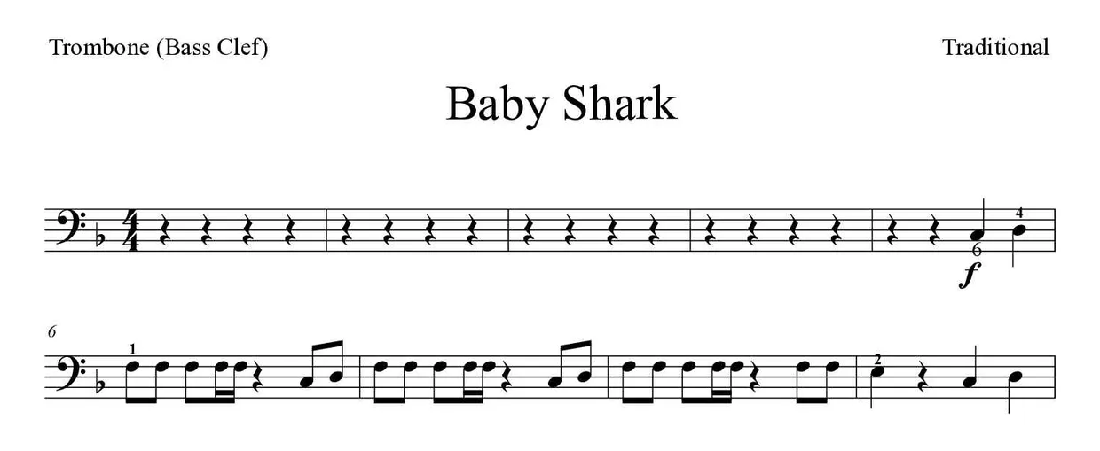 Noten von Baby Shark für Posaune (Mittel), erste Zeilen