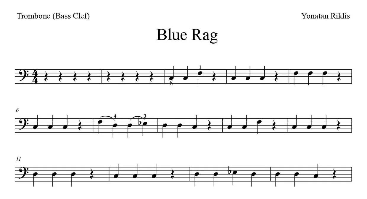 Partitura de Blue Rag para trombón, primeras líneas