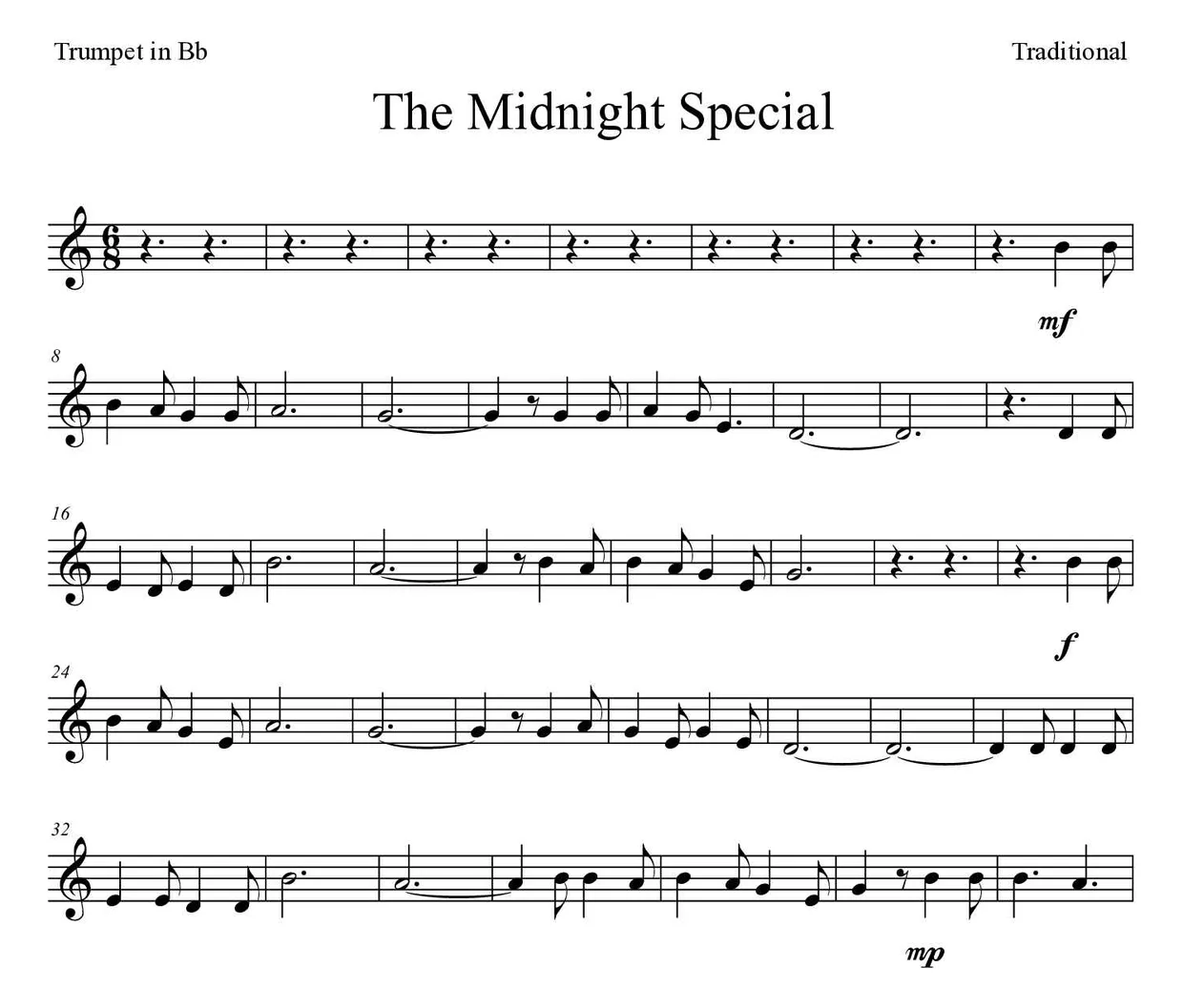 Partitura de The Midnight Special para trompeta en Sib, primeras líneas