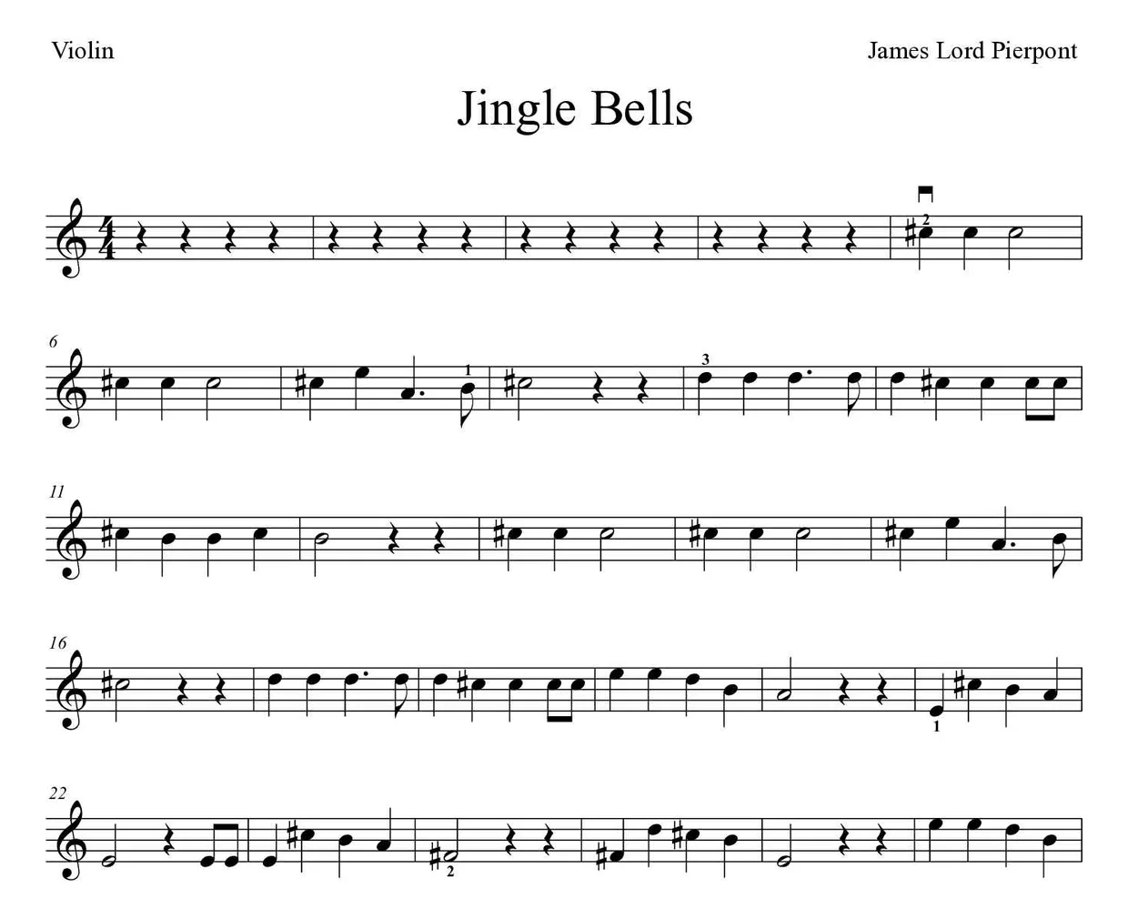 Sheet music of Jingle Bells for violin (Medium), first lines