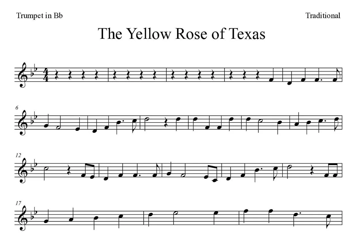 Sheet music of The Yellow Rose of Texas for trumpet in Bb (Hard), first lines