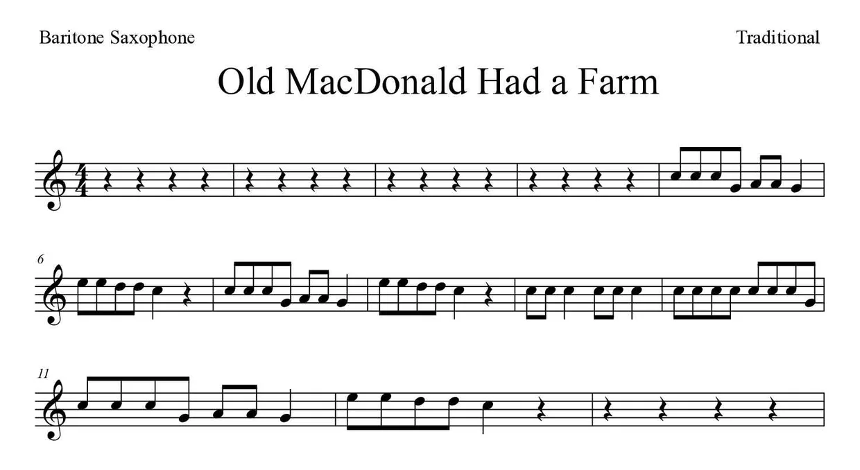 「Old MacDonald Had a Farm」Baritone Saxophone用楽譜の最初の数段