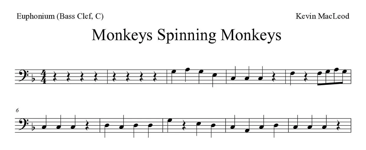 ‘Monkeys Spinning Monkeys’ Euphonium (Bass Clef, C) 악보의 첫 몇 줄