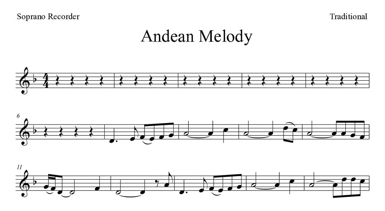 Partitura de Andean Melody para flauta de bisel, primeiras linhas