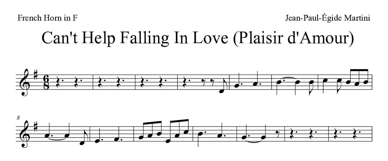 Sheet music of Can't Help Falling In Love (Plaisir d'Amour) for French horn (Hard), first lines