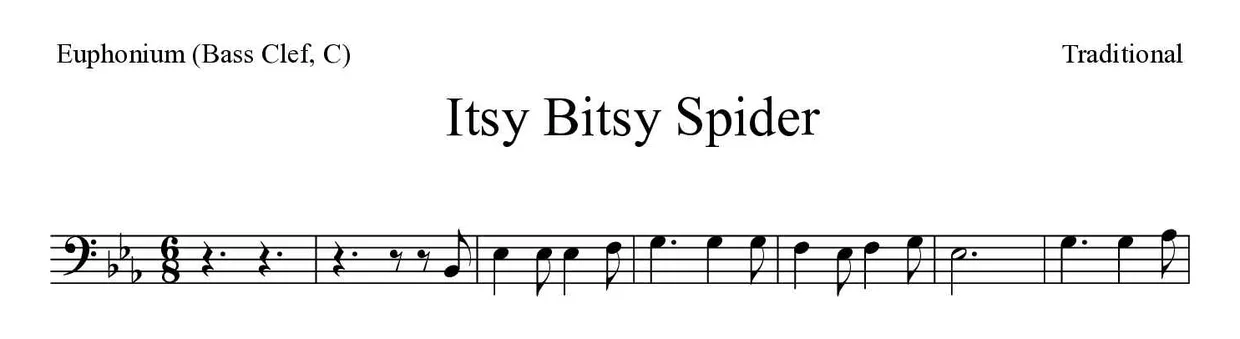 「Itsy Bitsy Spider」Euphonium (Bass Clef, C)用楽譜の最初の数段