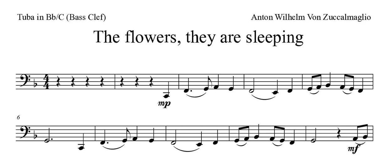 《The flowers, they are sleeping》降B/C调大号（低音谱号）乐谱前几行