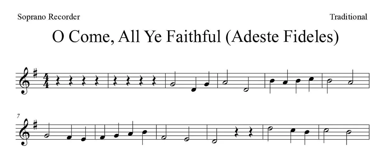 「O Come, All Ye Faithful (Adeste Fideles)」Recorder用楽譜の最初の数段