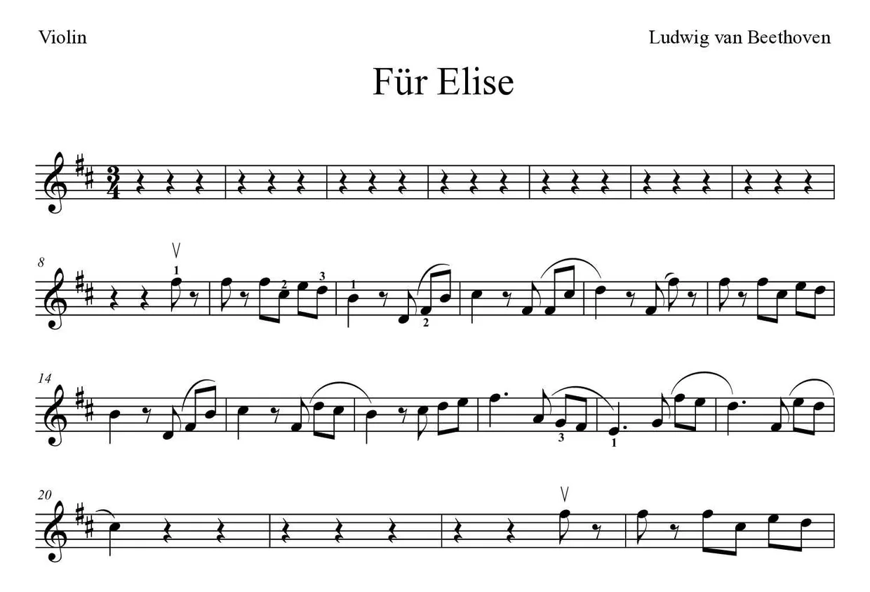 「Für Elise」Violin用楽譜の最初の数段