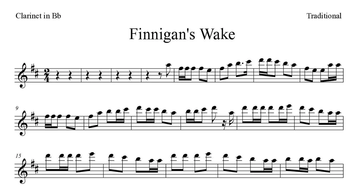 「Finnigan's Wake」Clarinet用楽譜の最初の数段