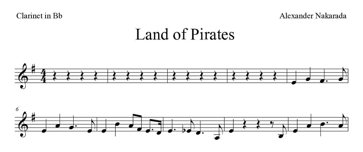 Bladmuziek van Land of Pirates voor clarinet, eerste regels