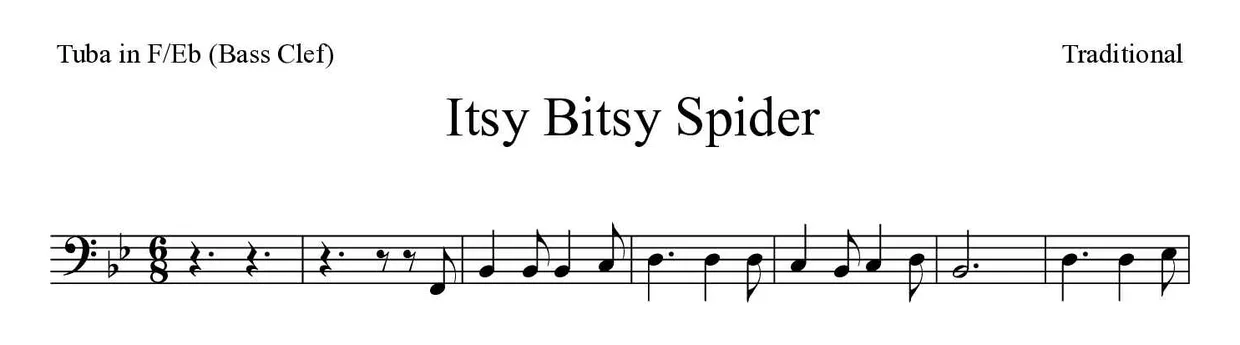 Partitura de Itsy Bitsy Spider para tuba en Fa/Mib (clave de Fa), primeras líneas