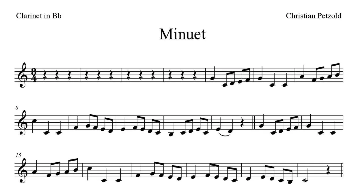 ‘Minuet’ Clarinet 악보의 첫 몇 줄
