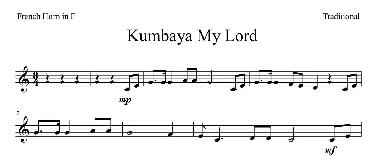 ‘Kumbaya My Lord’ French Horn 악보의 첫 몇 줄