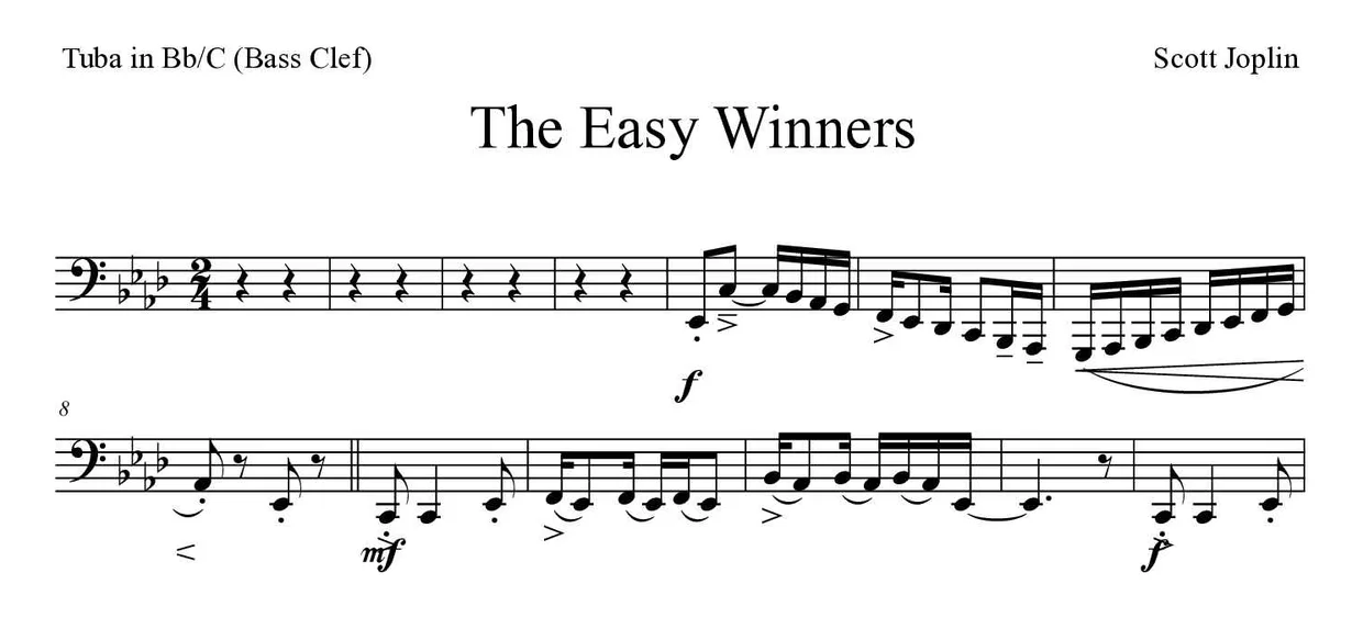 Partitura de The Easy Winners para tuba en Sib/Do (clave de Fa), primeras líneas