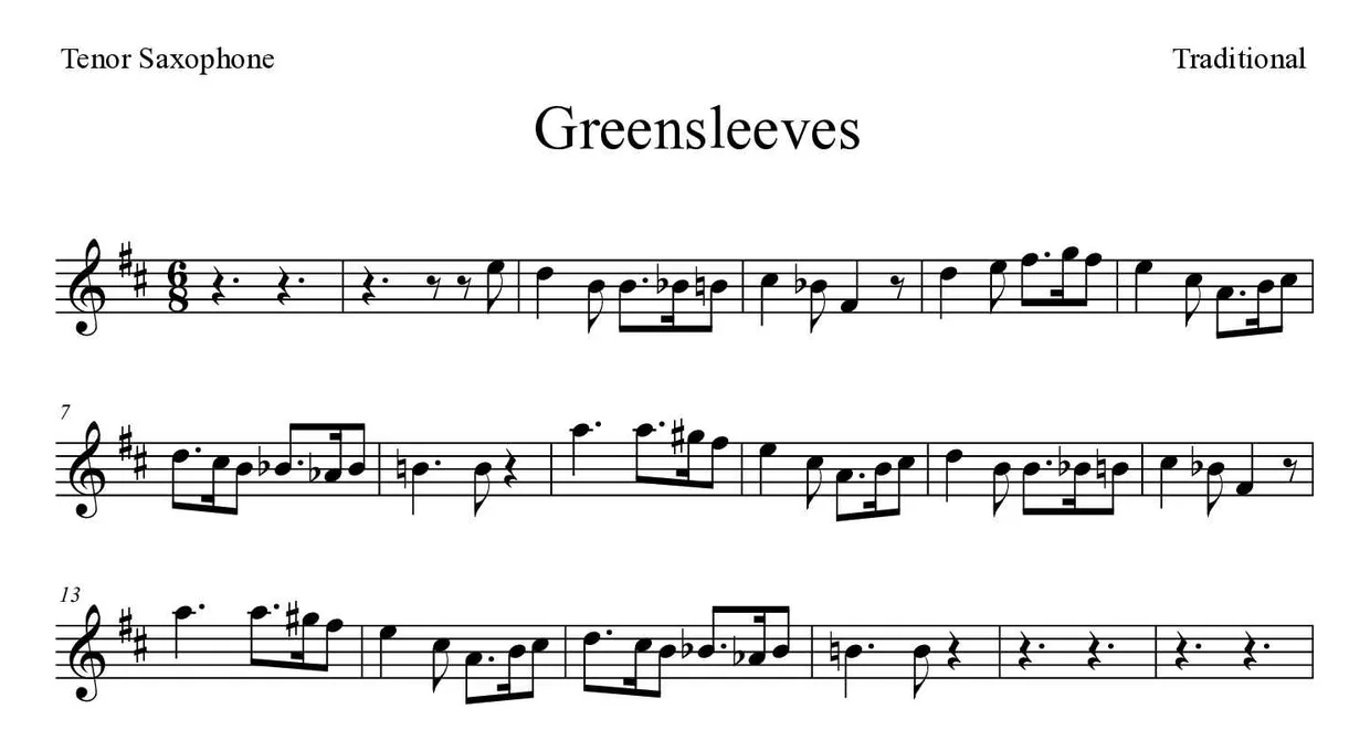 Noten von Greensleeves für Tenorsaxophon (Schwer), erste Zeilen