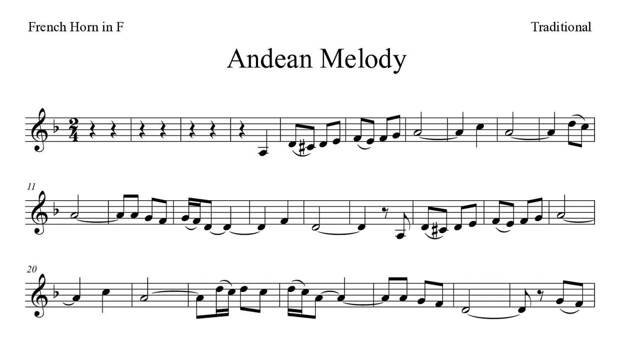 Spartito di Andean Melody per French horn, prime righe