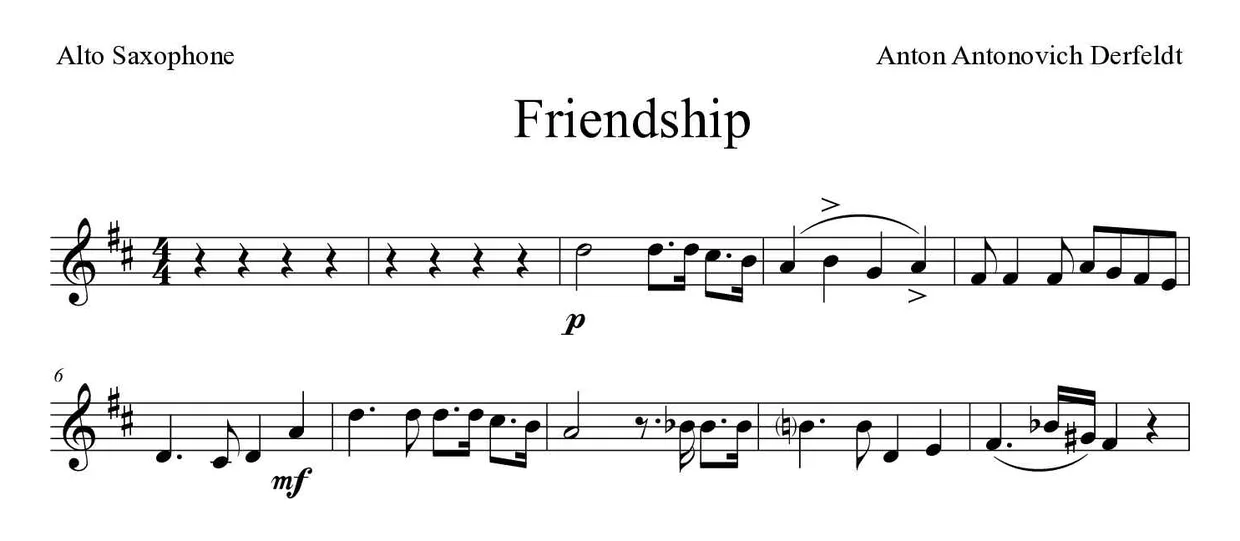 Partitura de Friendship para saxofón alto, primeras líneas