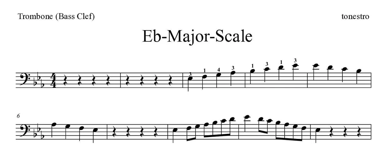 Partitura de Eb-Major-Scale para trombón, primeras líneas