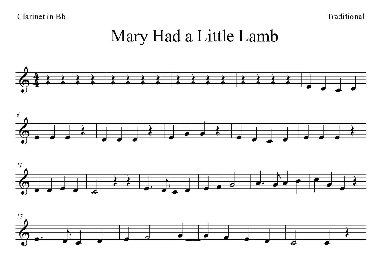 Spartito di Mary Had a Little Lamb per clarinet, prime righe