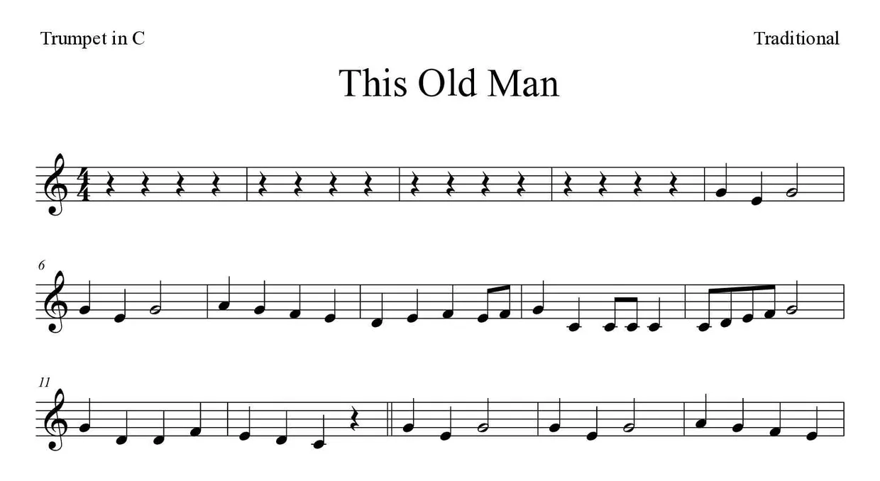 ‘This Old Man’ Trumpet in C 악보의 첫 몇 줄