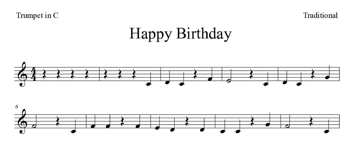 Partitura de Happy Birthday para trompete em Do, primeiras linhas
