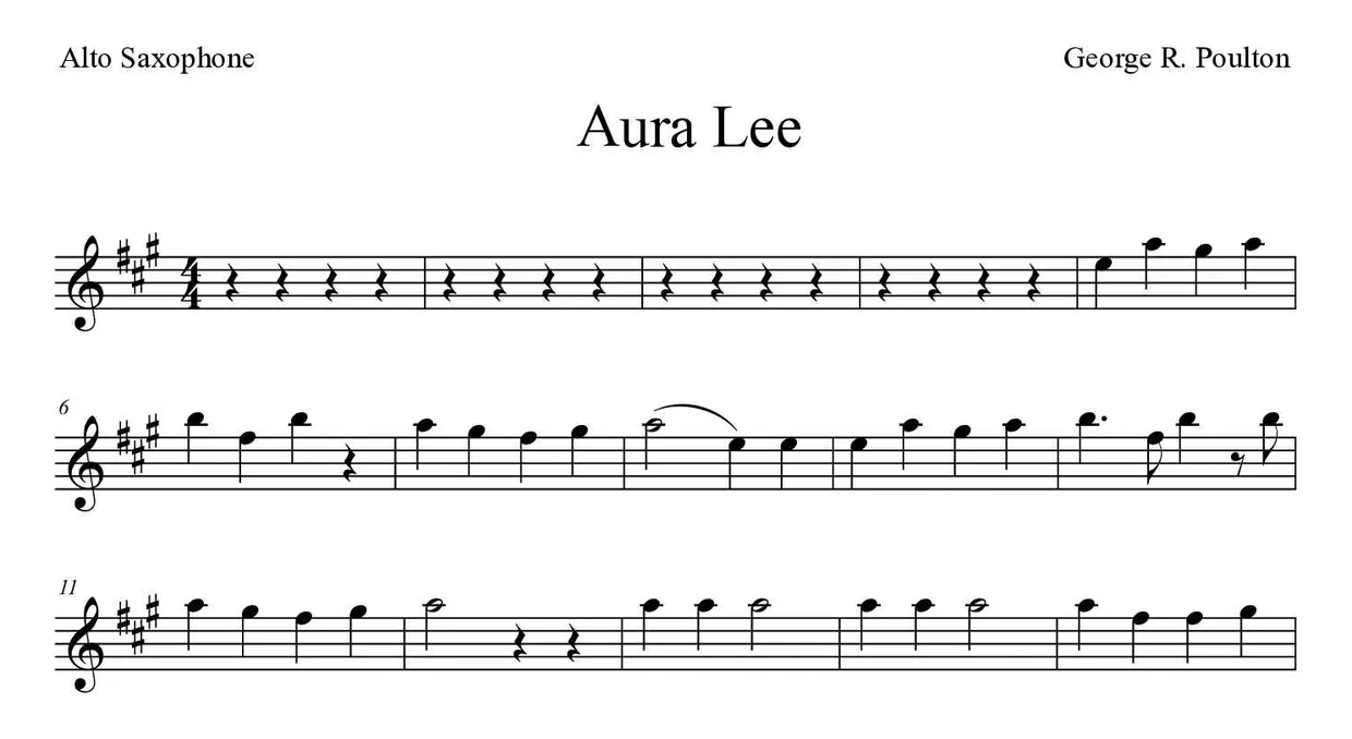 Sheet music of Aura Lee for alto saxophone (Medium), first lines