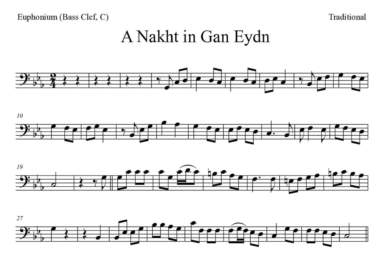 ‘A Nakht in Gan Eydn’ Euphonium (Bass Clef, C) 악보의 첫 몇 줄