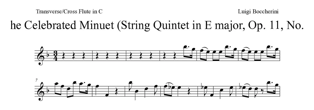 Sheet music of The Celebrated Minuet (String Quintet in E major, Op. 11, No. 5) for flute (Medium), first lines