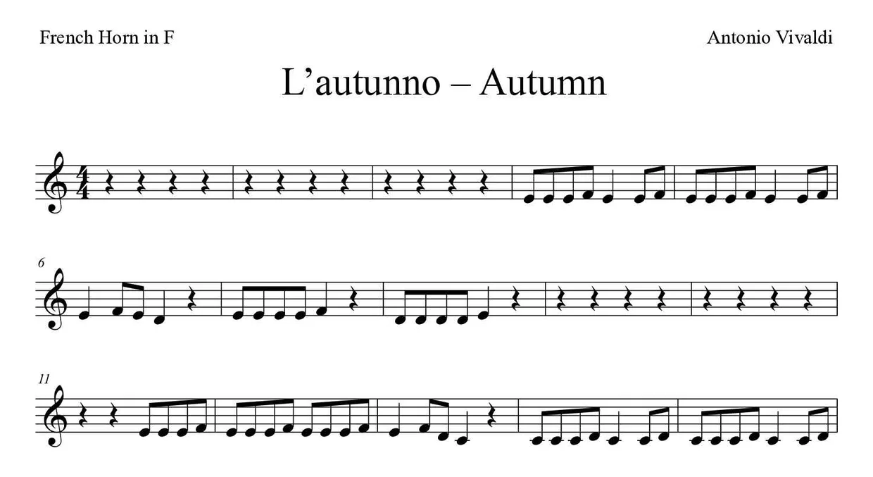 ‘L’autunno – Autumn’ French Horn 악보의 첫 몇 줄