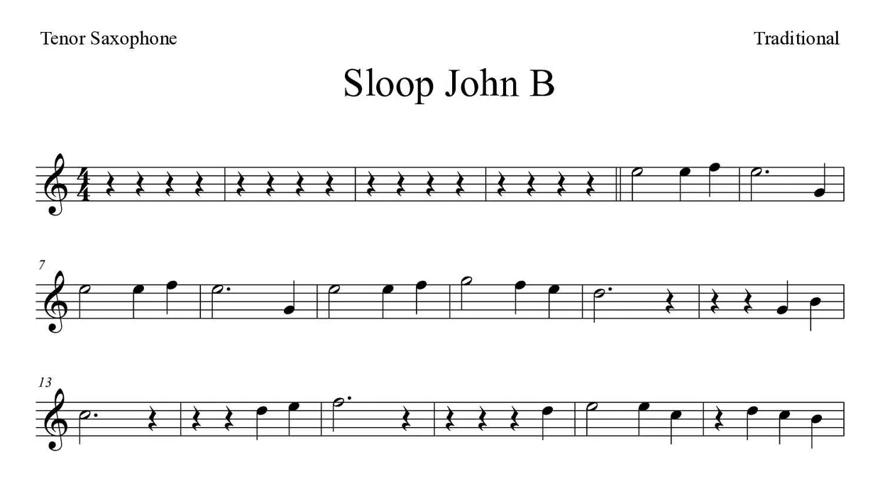 Partitura de Sloop John B para saxofón tenor, primeras líneas