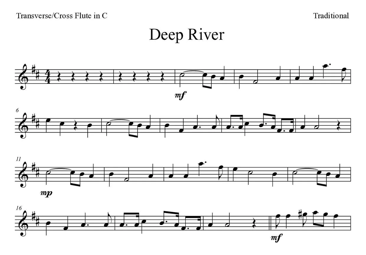 Partitura de Deep River para flauta traversa, primeras líneas