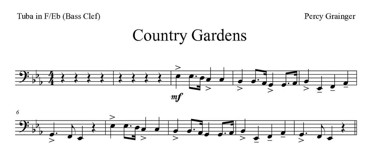 Partitura de Country Gardens para tuba en Fa/Mib (clave de Fa), primeras líneas