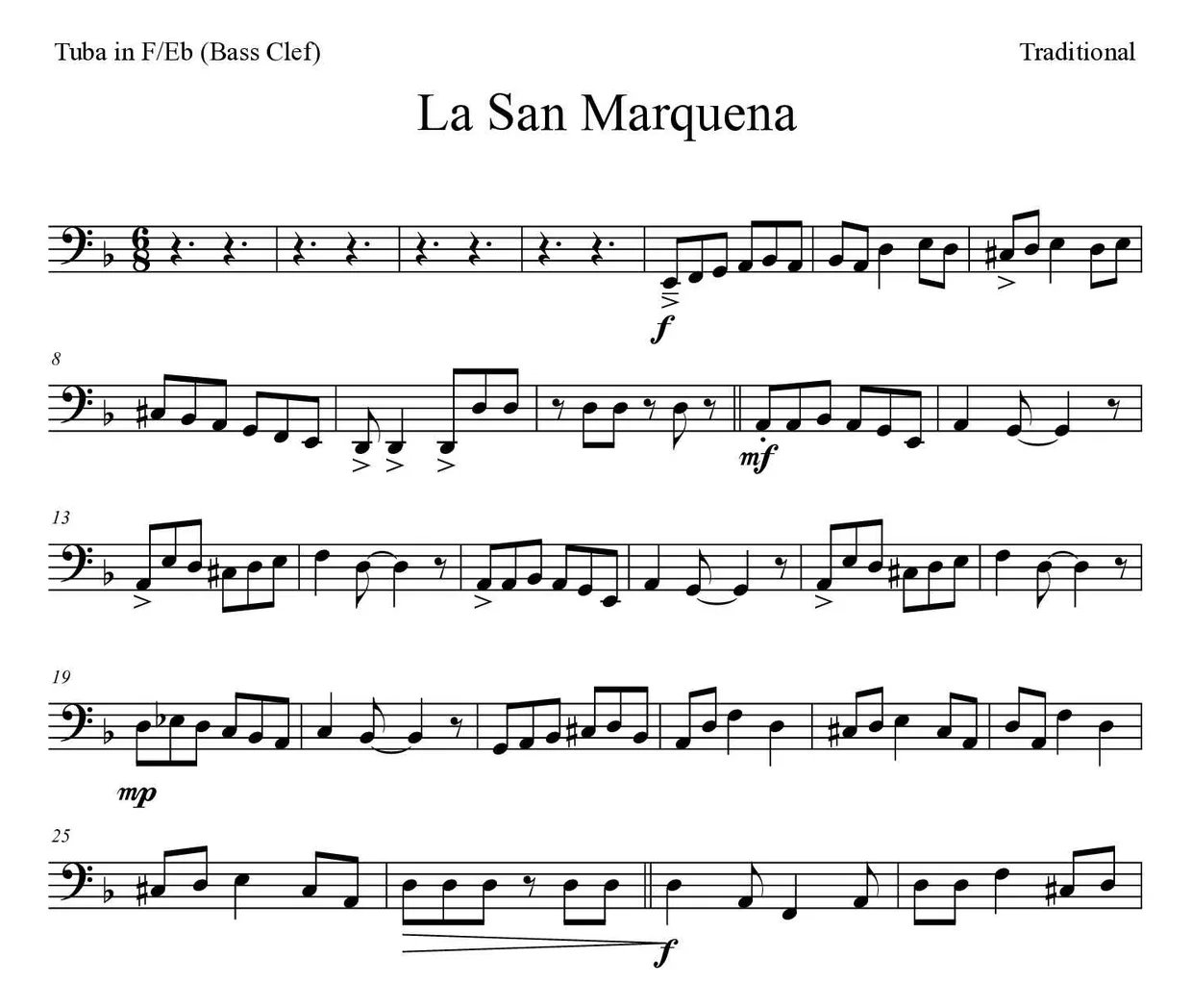《La San Marquena》F/Eb大号(低音谱号)乐谱前几行