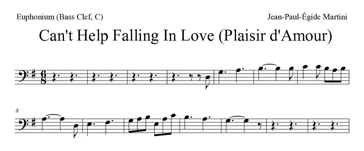 Partitura de Can't Help Falling In Love (Plaisir d'Amour) para eufónio (clave de Fa, C), primeiras linhas