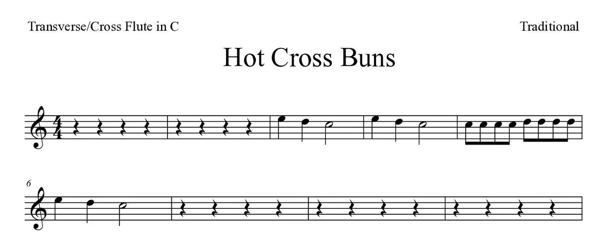 Partition de Hot Cross Buns pour fflûte traversière, premières lignes