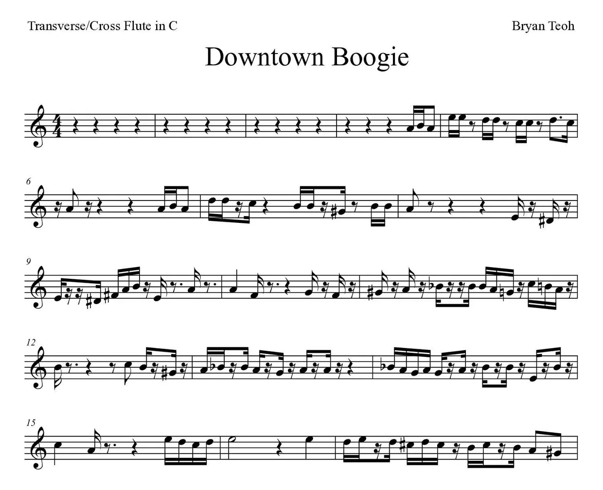 Partitura de Downtown Boogie para flauta transversal, primeiras linhas