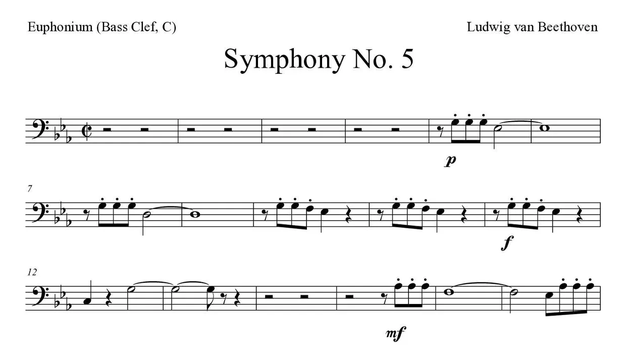 ‘Symphony No. 5’ Euphonium (Bass Clef, C) 악보의 첫 몇 줄