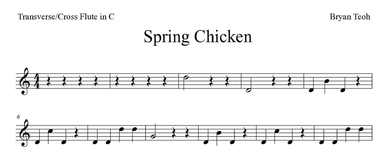 Partitura de Spring Chicken para flauta traversa, primeras líneas