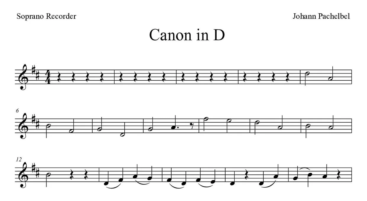 Noten von Canon in D für Blockflöte (Mittel), erste Zeilen