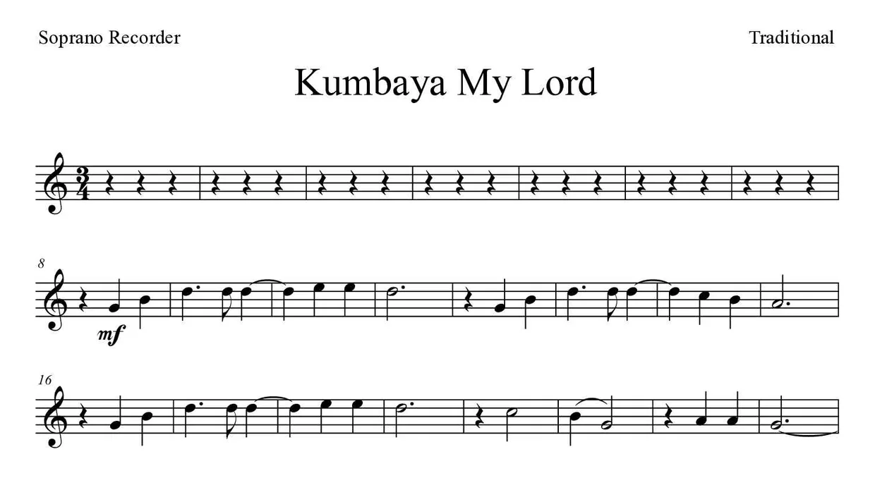 Partitura de Kumbaya My Lord para flauta de bisel, primeiras linhas
