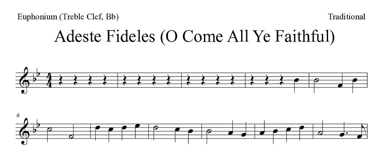 ‘Adeste Fideles (O Come All Ye Faithful)’ Euphonium (Treble Clef, Bb) 악보의 첫 몇 줄
