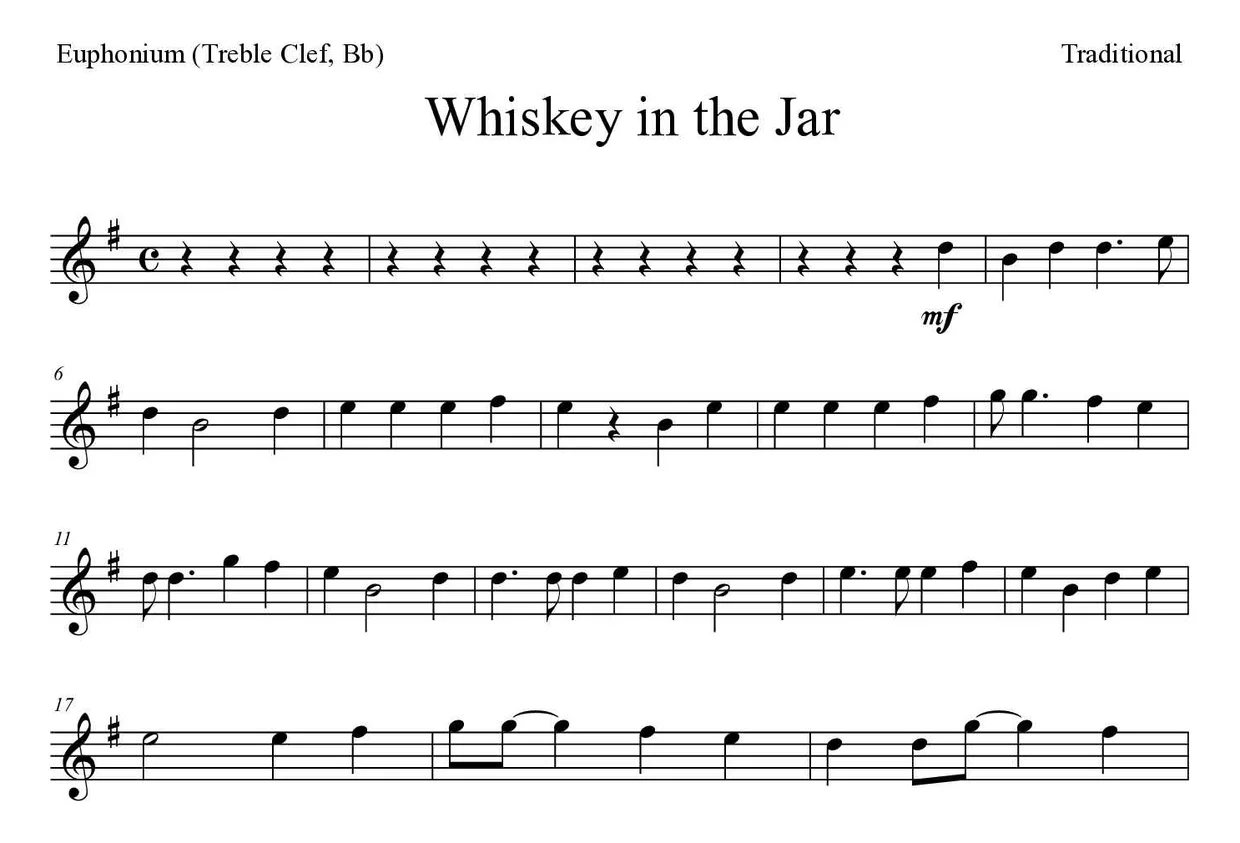 Partitura de Whiskey in the Jar para eufónio (clave de Sol, Sib), primeiras linhas