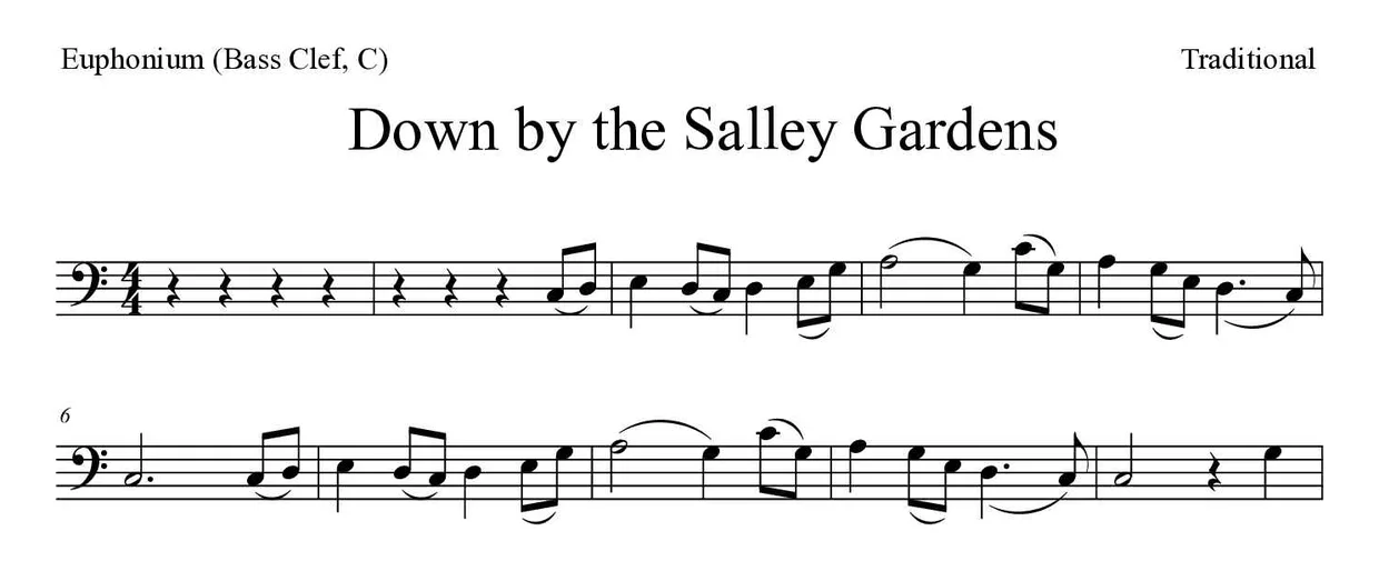Partitura de Down by the Salley Gardens para bombardino (clave de Fa, C), primeras líneas